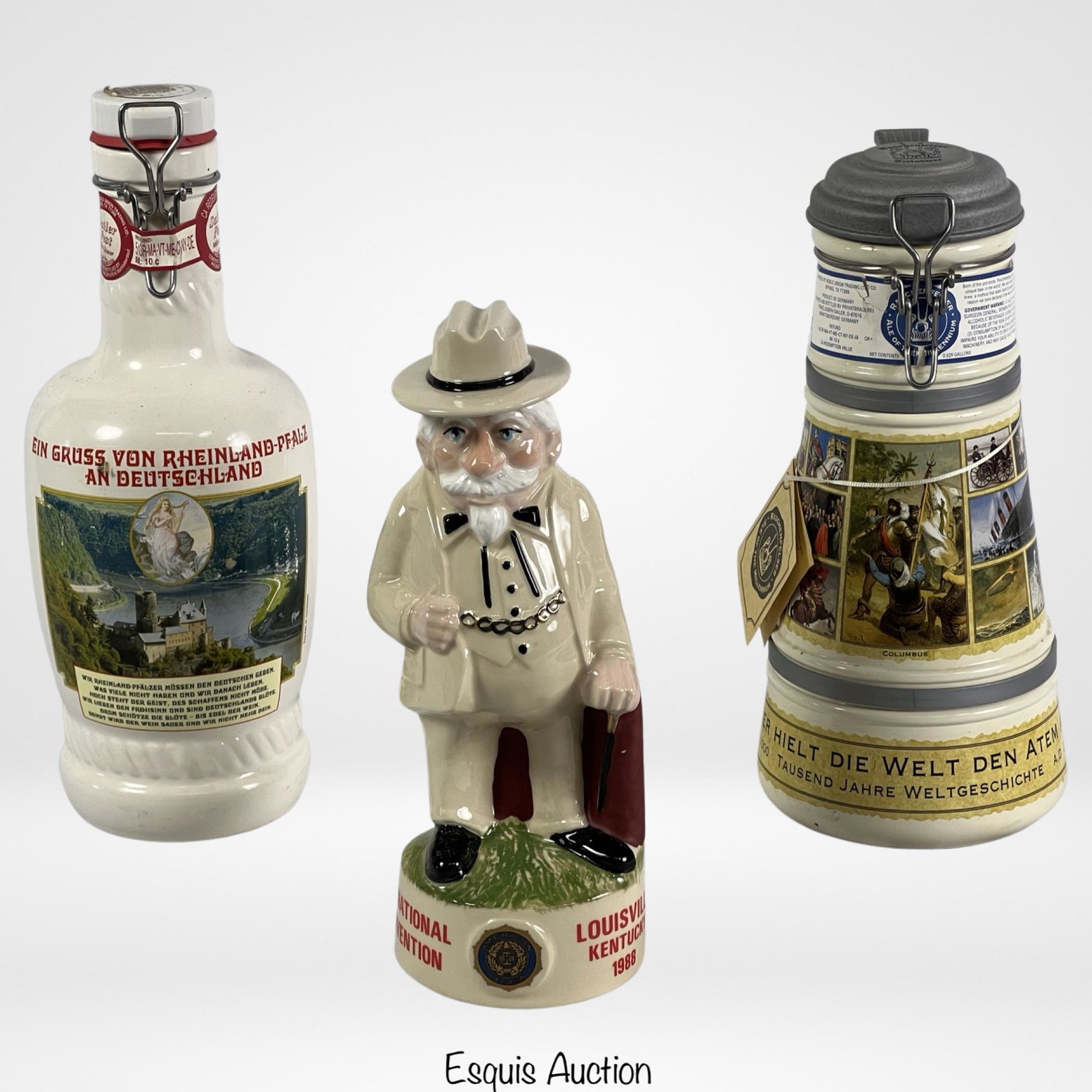 American Legion Whiskey Decanter, Malt Liquer Decn: American Legion 70th National Convention 1988 Kentucky Jug 750 ml Decanter, Vintage German Sailor Fest Malt Liquor Decanter and Rauchenfelser Steinbier Ale of the Millennium 12" Limited Collector Edit