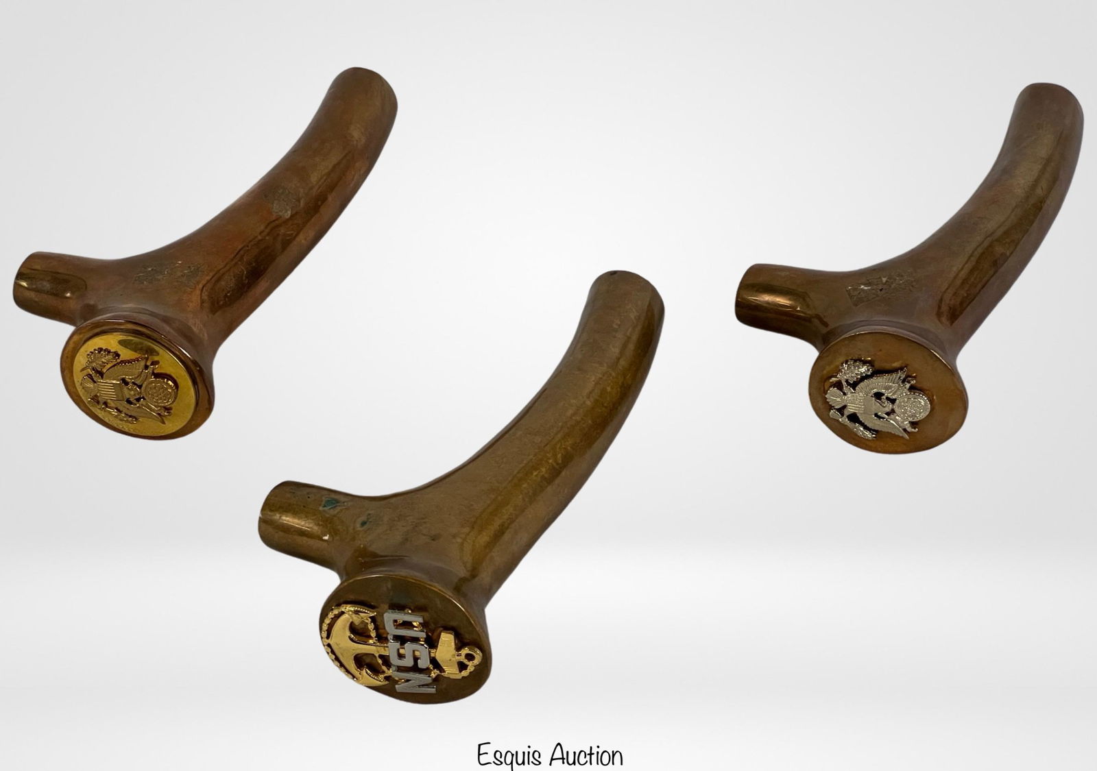 3 Solid Brass US Army/ Navy Walking Stick Handles: Lot of 3 Solid Brass Walking Stick/ Cane Handles with US Army and Navy Emblems. Good condition, one is not pre drilled. 6 1/4 x 3 1/4