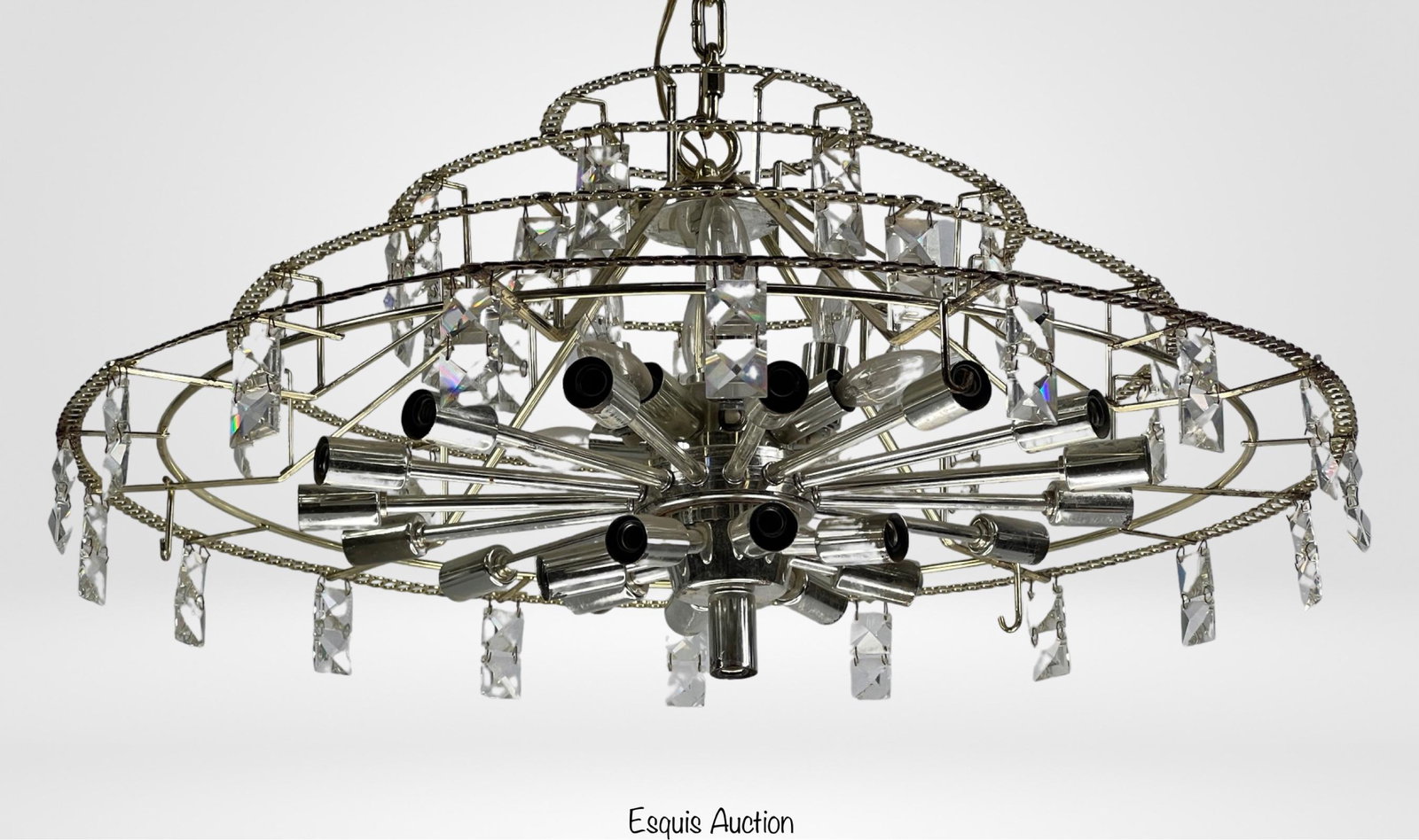 Retro Mid Century Modern Chrome & Glass Chandelier: Retro Mid Century Modern Chrome & Glass Chandelier. 28in dia, 56in chain. Good overall condition, minor age related wear.