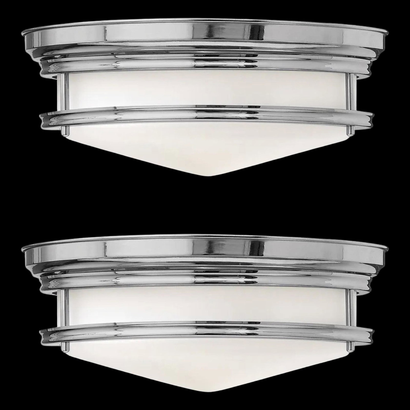 Hinkley Hadley 3301CM Large Flush Lights: Two New Hinkley Hadley 3301CM Large Flush Lights. Retro-Styled in Chrome Finish. 14" x 5 1/2".