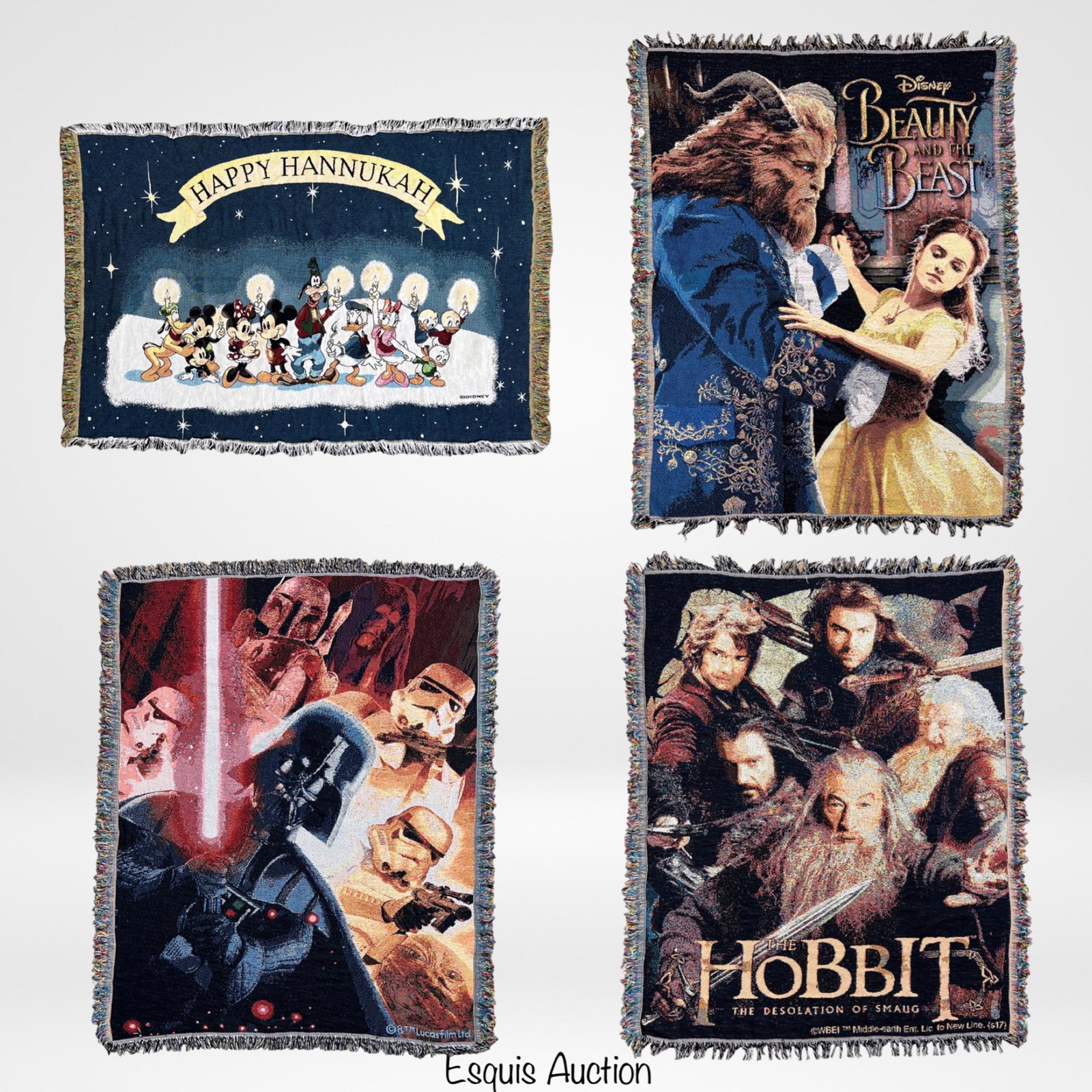 Star Wars, Hobbit Woven Tapestry Throw Blankets: Star Wars, Hobbit and Beauty & the Beast Woven Tapestry Throw Blankets by Northwest. Come with Disney's "Happy Hannukah" Woven Throw Blanket. Measure 67x46, 61x47, 60x48, 60x48.