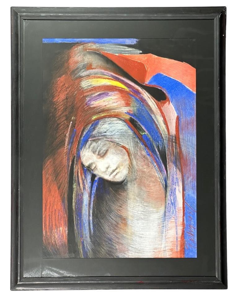 Modernist Madonna Pastel Painting: Unknown Artist (20th Century/ American School). Pastel on Paper. Signature illegible lower right side, dated '81. Measures 49 1/2" x 38". Good Condition.