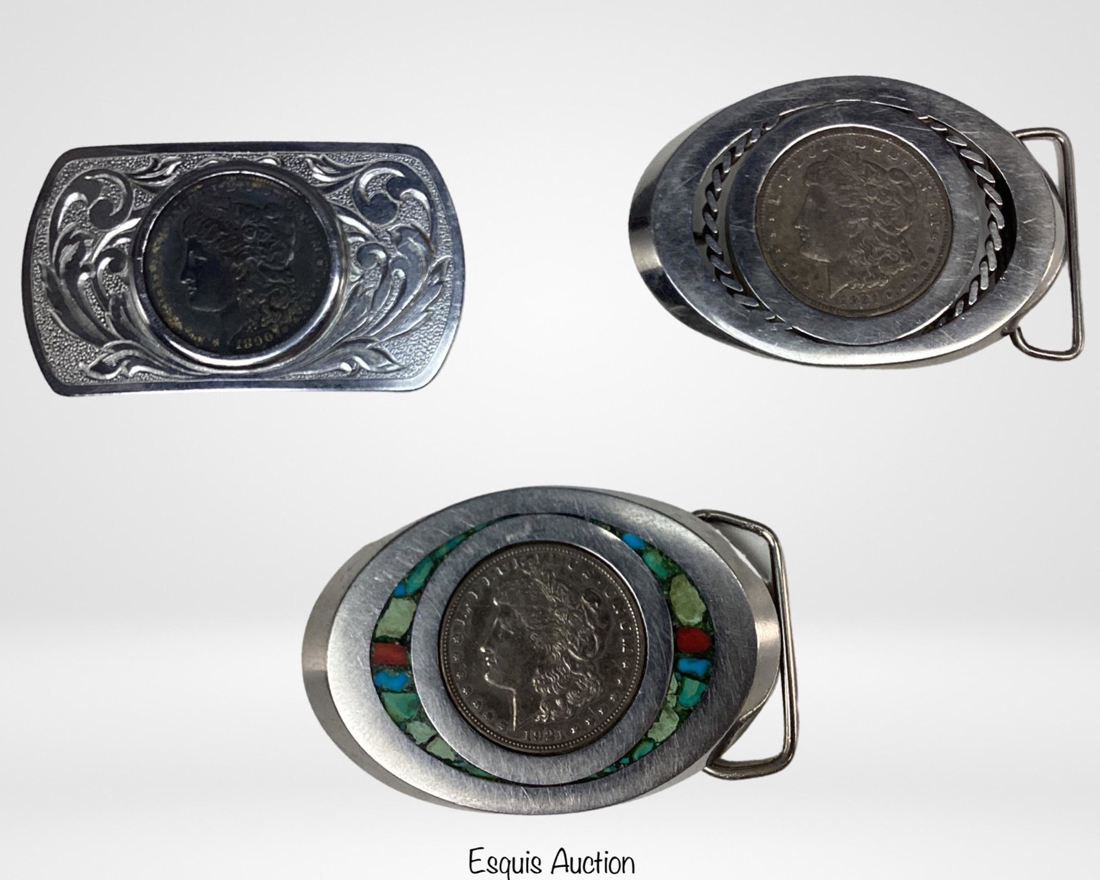 Vintage Belt Buckles with Morgan Silver Dollars: 3 Vintage Belt Buckles with Morgan Silver Dollars