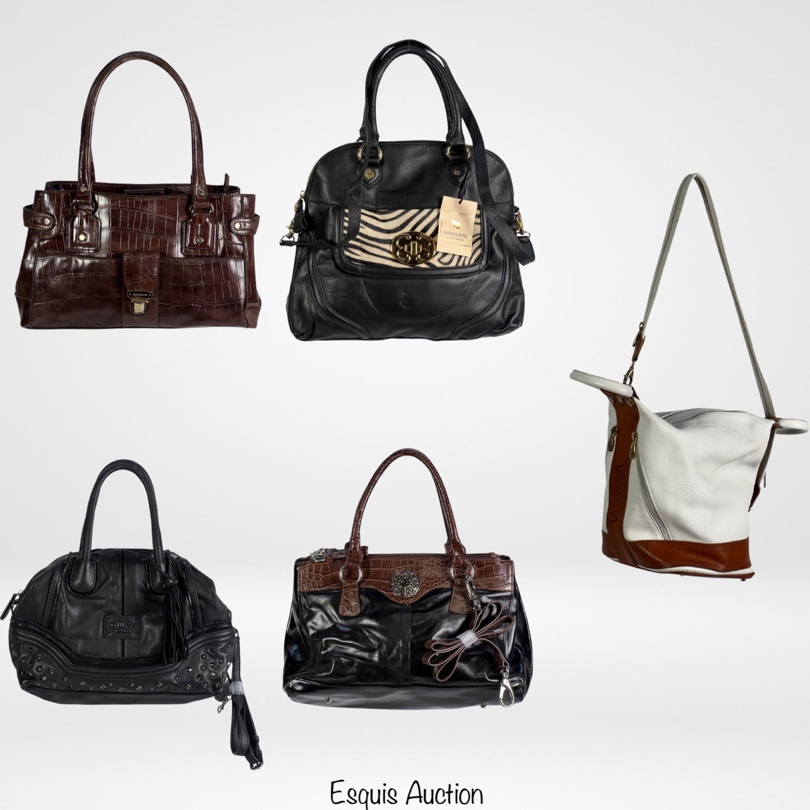 Group of Leather Ladies Handbags/ Bags/ Purses: This lot offers a collection of stylish and versatile ladies leather handbags from renowned brands. Included in this lot are handbags from Liz Claiborne, Guess, Emma Fox, Valentina, and Giani Bernini.
