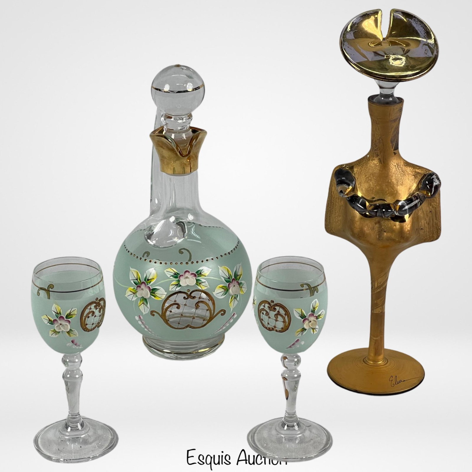 Bohemian Crystal Hand Painted Wine Decanter & Glas: Enhance your dining experience with this exquisite Bohemian Crystal Colored Enamel & Gold Painted Pastel Blue Wine Decanter and two matching Wine Glasses. The decanter showcases intricate detailing, i