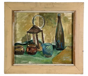 Merton D Simpson Expressionist Still Life Painting: Captivating expressionist still life oil painting on canvas by the renowned artist Merton D Simpson. The artwork depicts a composition featuring a lantern and various vessels on a table, expertly capt