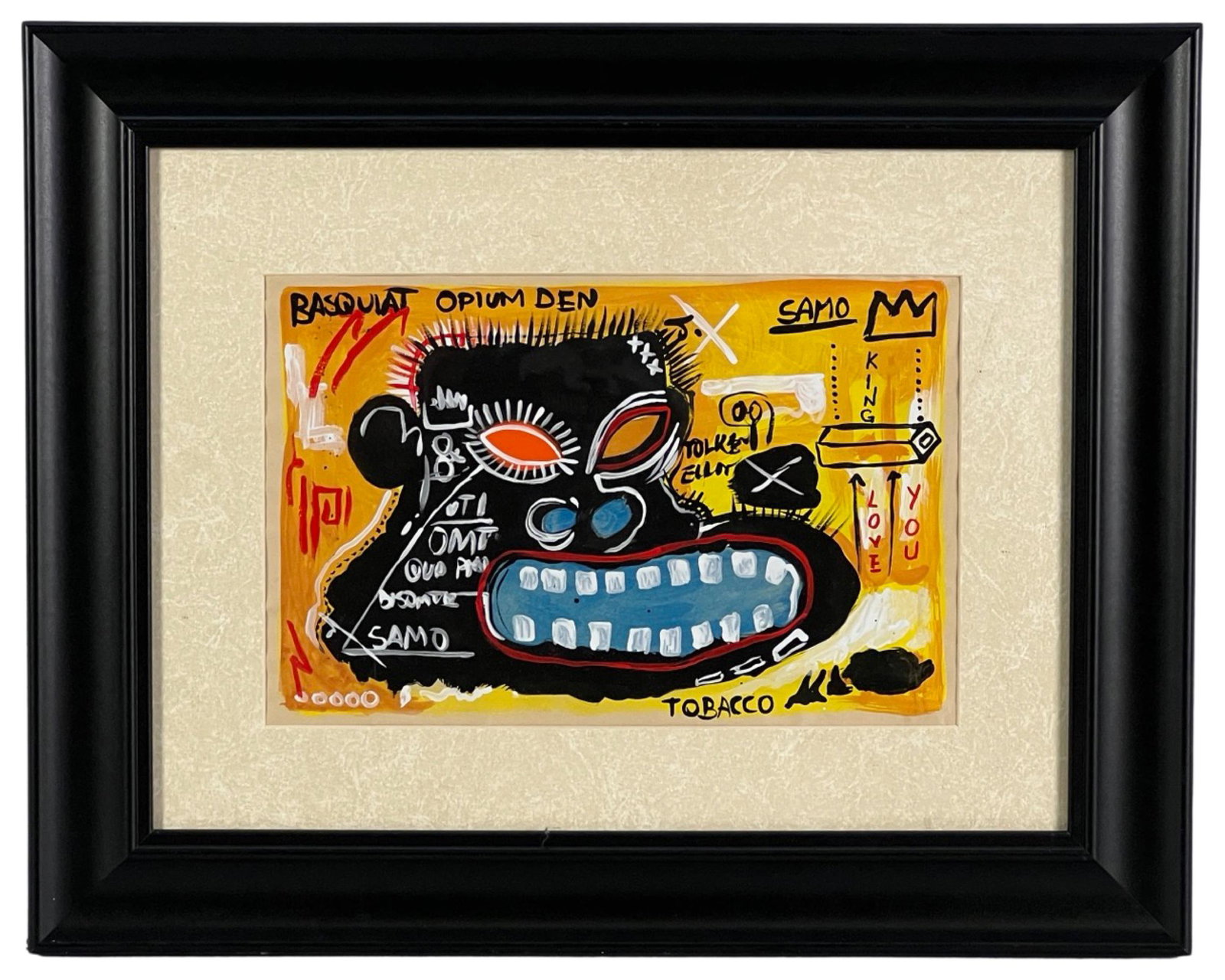 Jean-Michel Basquiat (in style) Pop Art Drawing: This Pop Art Drawing is a mixed media artwork on paper, created in the style of Jean-Michel Basquiat. The artist's distinct influence is evident in the vibrant colors, expressive lines, and raw energy