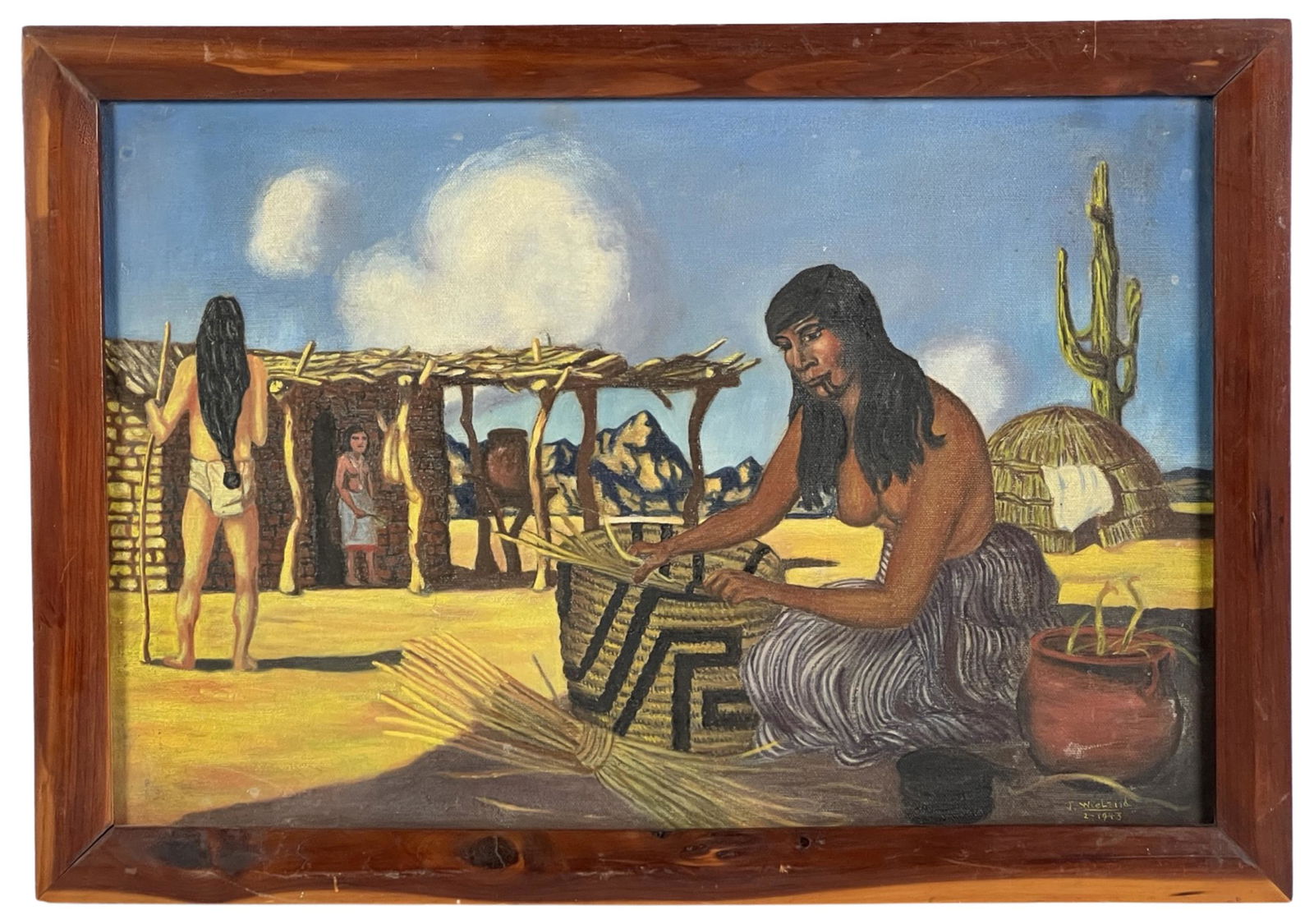 1943 Native American Basket Weaver Oil Painting (1 of 3)