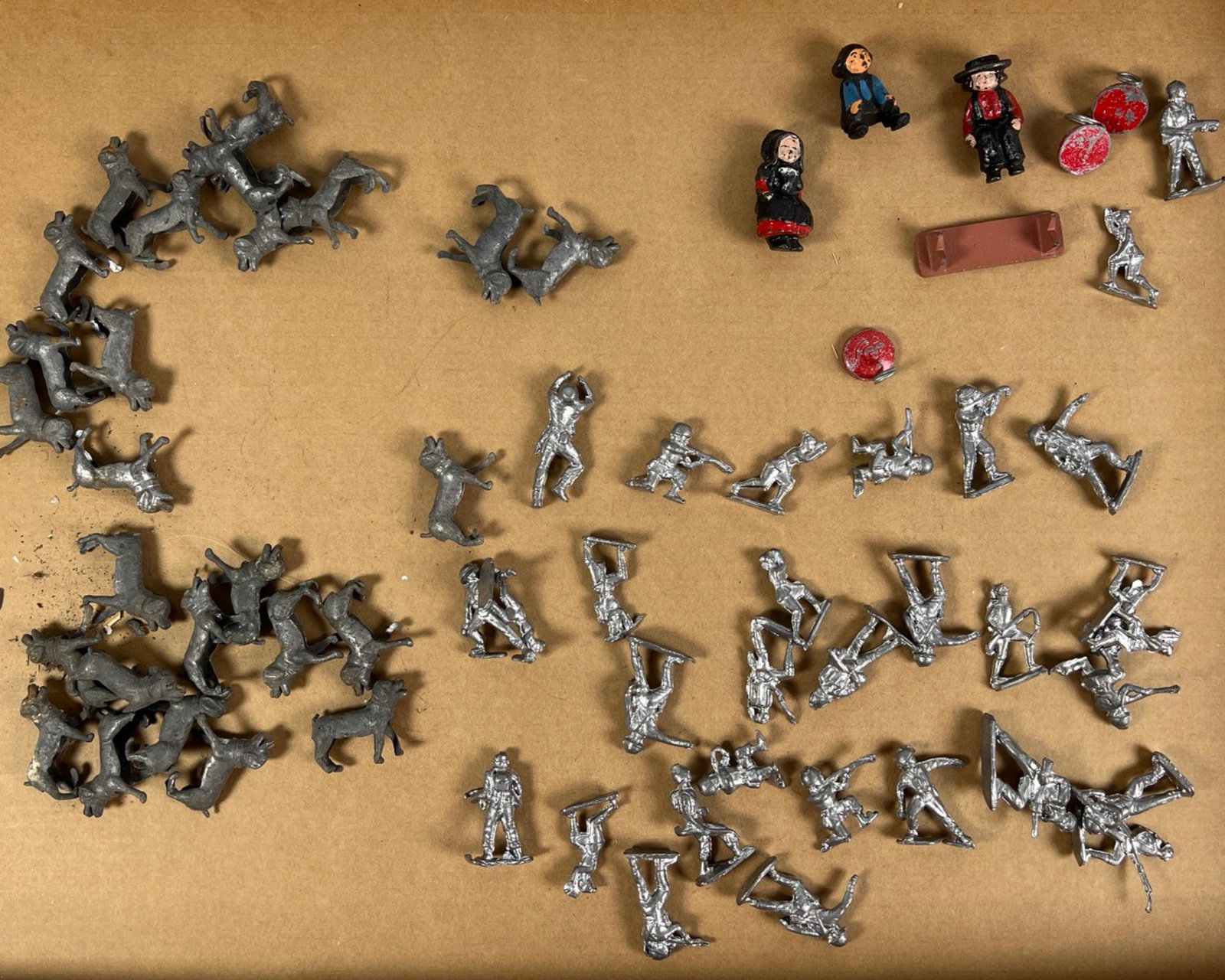 Vintage Lead Metal Toy Soldiers and Animals: Vintage Lead Metal Toy Soldiers and Animals with Vintage Wilton Cast Iron Amish Boy and Girl Figures.