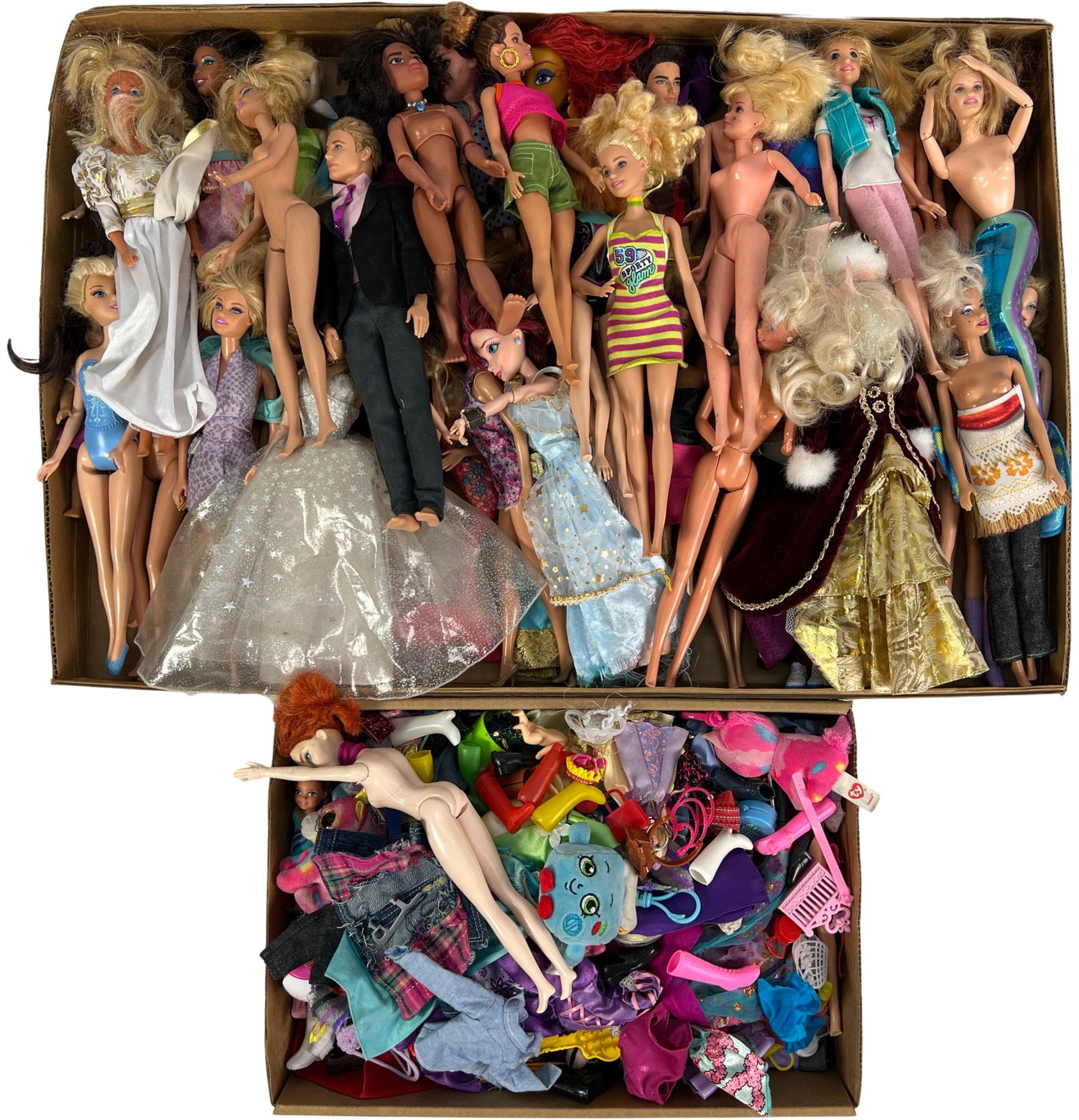 Large Lot of Barbie Dolls, Clothes & Accessories: This large lot of vintage Barbie dolls and Barbie-like dolls is a treasure trove for collectors and enthusiasts. With a variety of dolls from different eras and styles, this collection offers a glimps