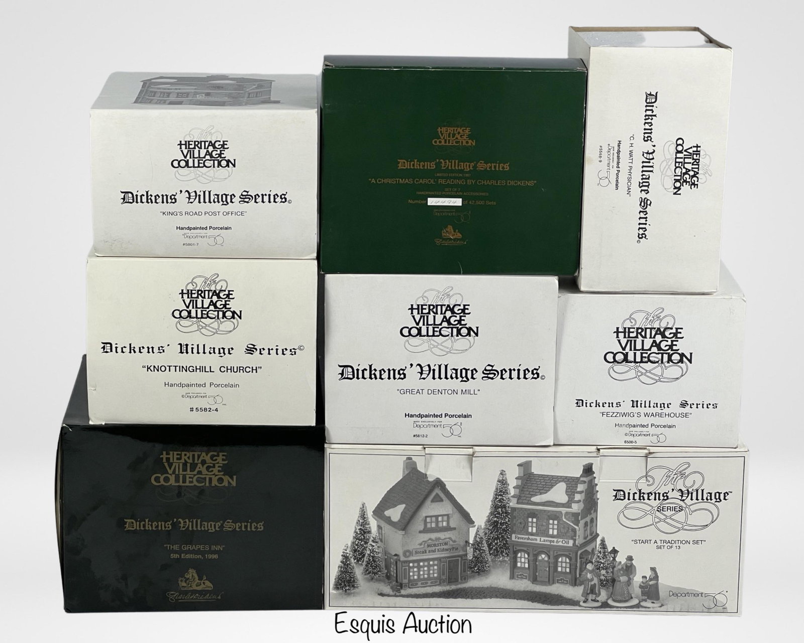 Department 56 Dickens' Village Christmas Cottages: The Department 56 Heritage Village Collection "Dickens' Village Series" Christmas Cottages include "King's Road Post Office", "Knottinghill Church", "The Grapes Inn", "A Chtistmas Carol' Reeding by Ch