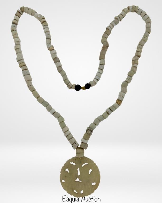 Antique Glass Necklace w/ Carved Jadeite Pendant (1 of 4)