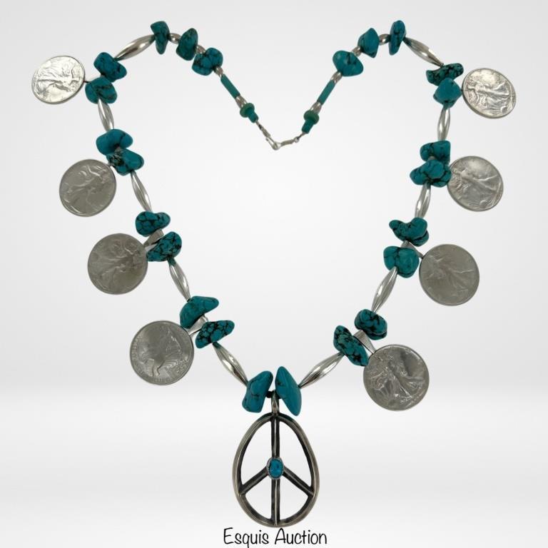 Sterling Silver, Turquoise & Silver Coins Necklace (1 of 5)
