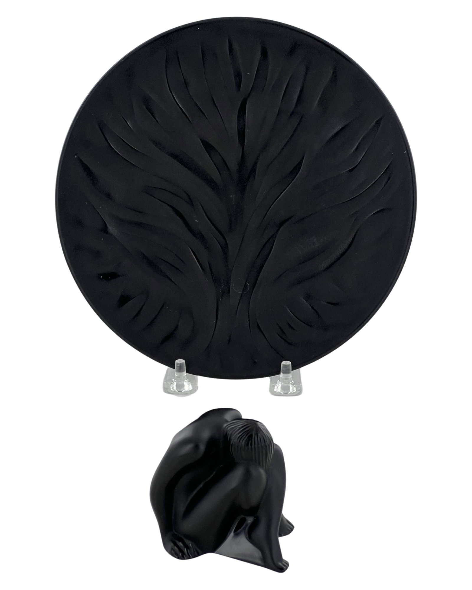 Lalique Black Crystal Nude Figurine & Black Plate: The Lalique "Nu Assis Noir" Black Art Crystal Nude Figurine and Lalique Crystal Algues Black Pattern Tree of Life Plate are two exquisite pieces that exemplify Lalique's craftsmanship and artistic bea