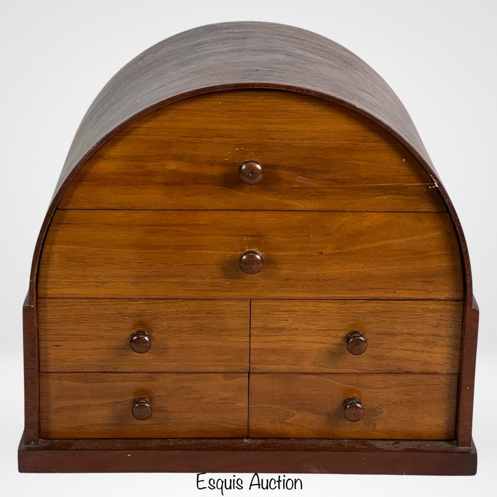 Vintage 1930s Wooden Domed Sewing Box: Vintage 1930s Wooden Domed Sewing Box with Some Sewing Supplies. This charming sewing box from the 1930s features a domed wooden construction and measures 14 inches in length, 12 inches in width, and 
