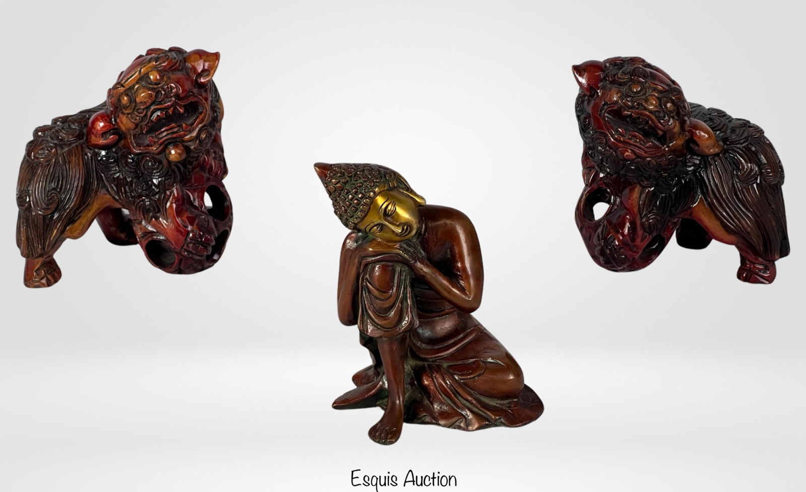 Asian Bronze Buddha Sculpture & Shishi Lions Figur (1 of 4)