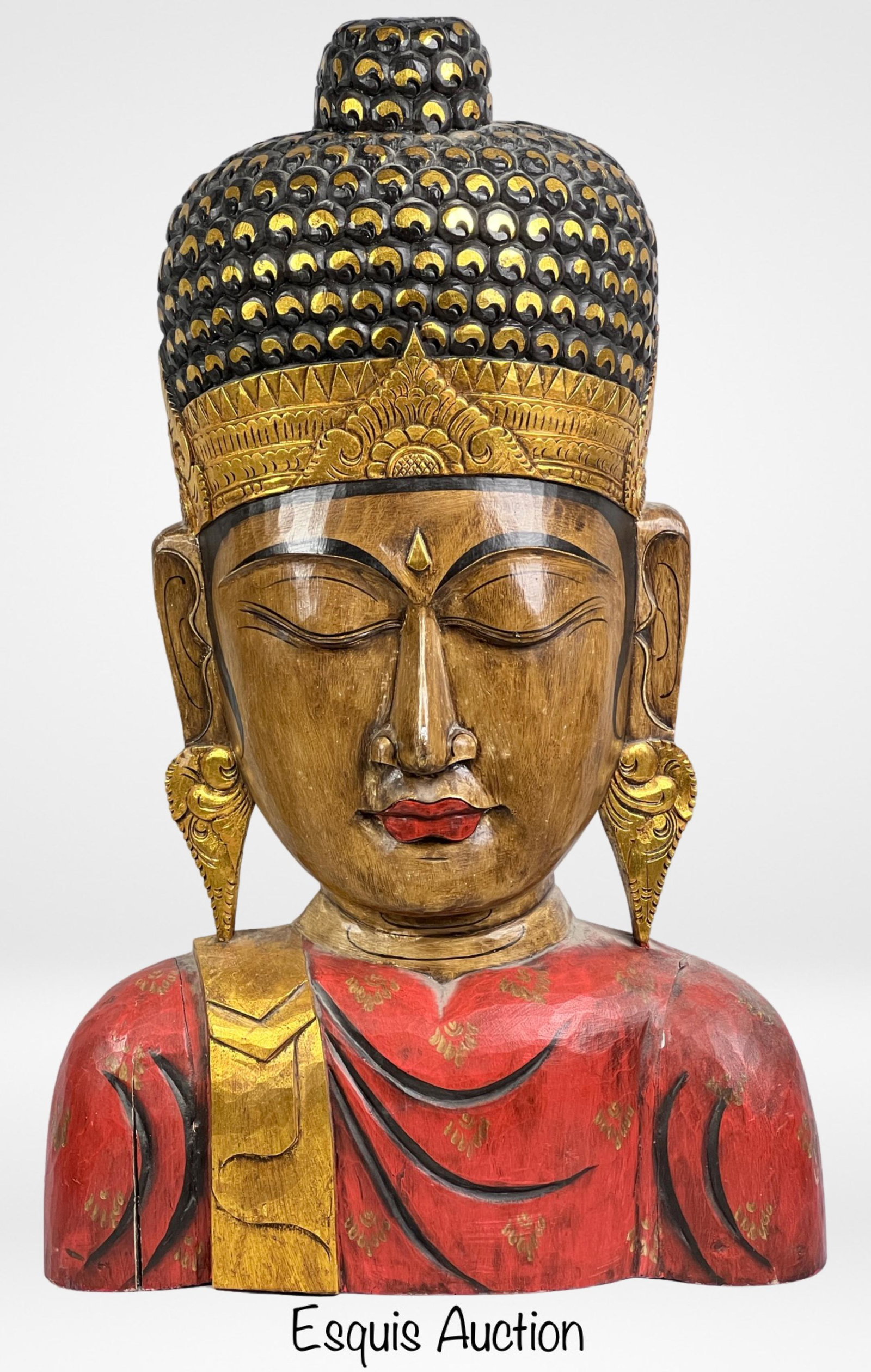 Large 38" tall Wood Hand Carved Lord Buddha Bust: Experience the serenity and beauty of this large 38" tall wood hand-carved Lord Buddha bust. The intricate craftsmanship brings the Buddha's serene expression to life, making it a truly captivating an