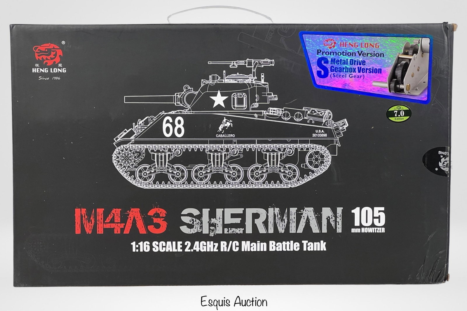 American Sherman M4A3 RC Battle Tank by Heng Long: 1/16 Scale American Sherman M4A3 Tank - Promotion Version with Steel Gearbox. Made by Heng Long. Good Condition in original box.