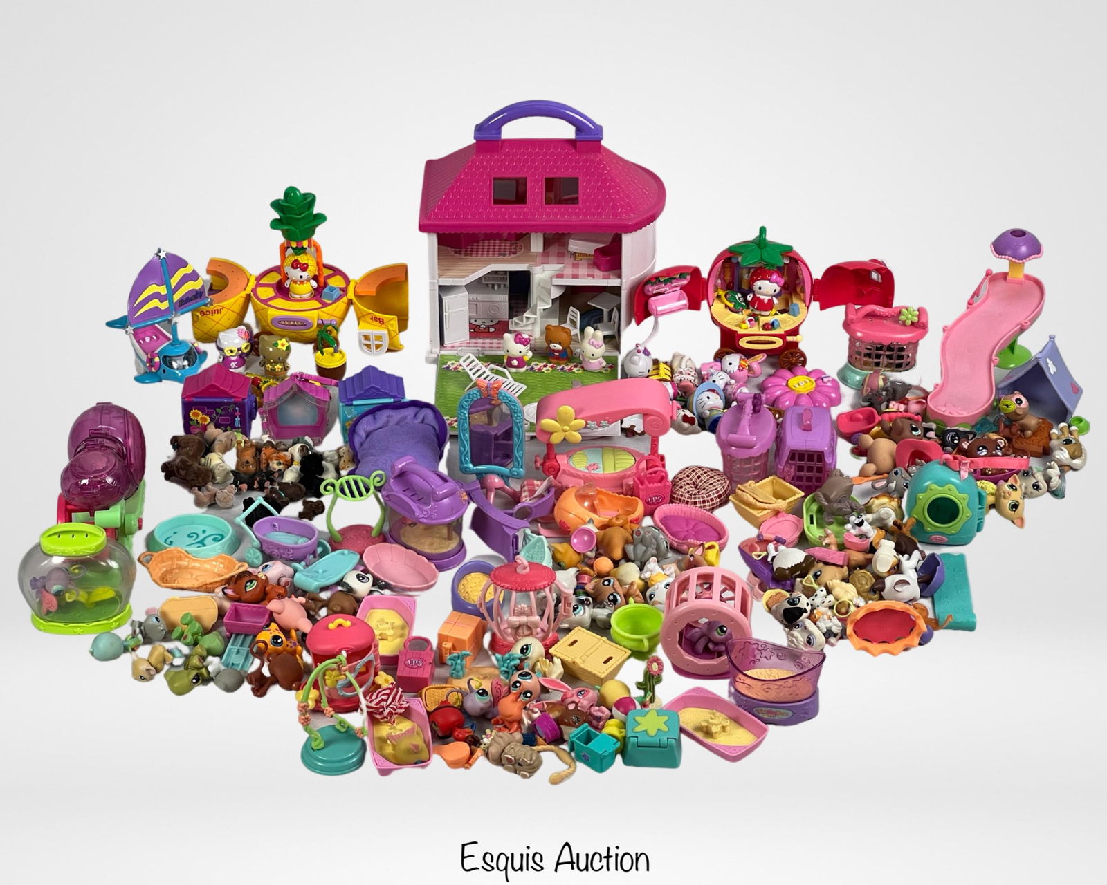 Lot of Hello Kitty! & Littlelest Petshop Toys: Large Lot of Loose Girly Toys & Playsets including Hello Kitty! and Littlelest Petshop.
