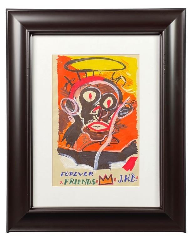 Jean-Michel Basquiat (in style) Pop Art Drawing: This captivating drawing on paper pays homage to the iconic style of Jean-Michel Basquiat, the influential artist of the 20th century. The artwork showcases Basquiat's distinctive and expressive aesth
