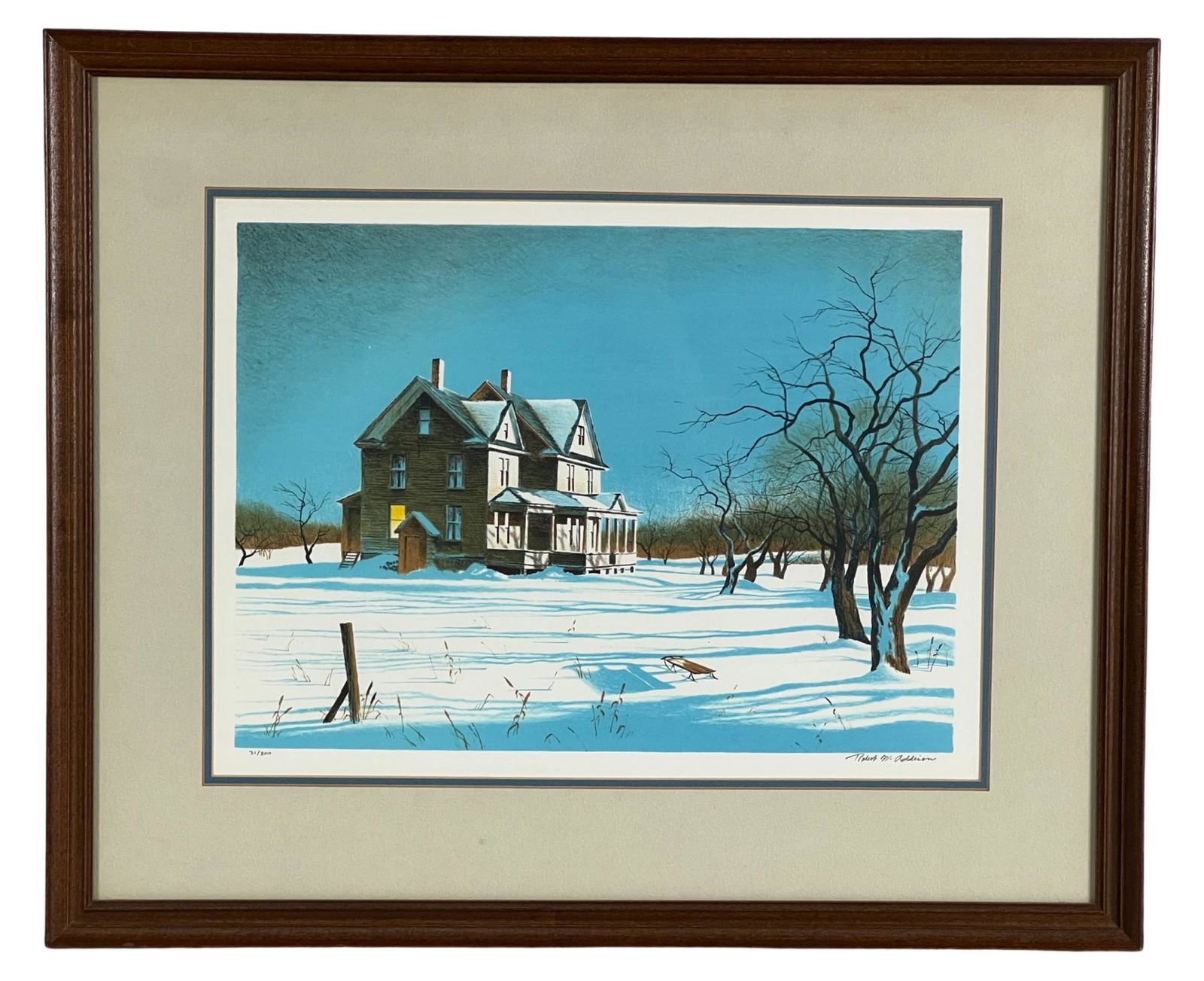 Robert Addison- LE Hand Signed Lithograph: "Winter Afternoon" is a captivating original limited edition lithograph by the renowned artist Robert Addison. This artwork presents a serene and evocative winter scene, masterfully captured in the li