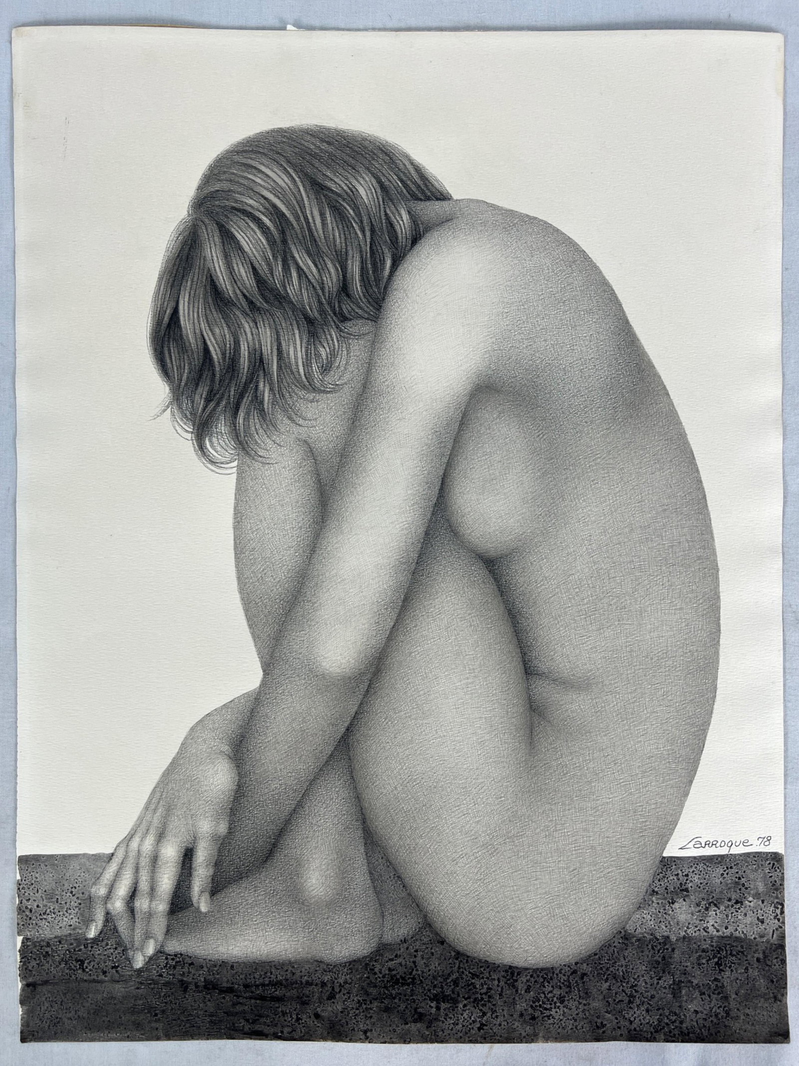 Larroque- Nude Charcoal Painting: This captivating charcoal painting on paper portrays a stunning nude lady, exuding a sense of beauty and grace. The artwork, signed "Larroque '78" in the lower left corner, showcases the artist's skil