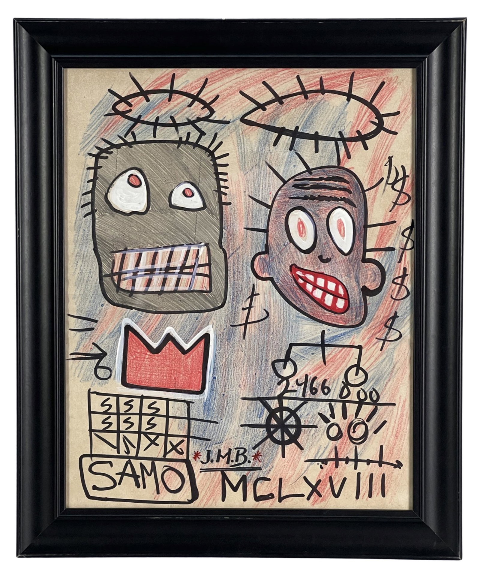 Jean-Michel Basquiat (in style) Pop Art Drawing: This eye-catching pop art drawing on paper captures the essence of Jean-Michel Basquiat's iconic style. The artist skillfully makes bold lines, vibrant colors, and expressive symbols, creating a capti