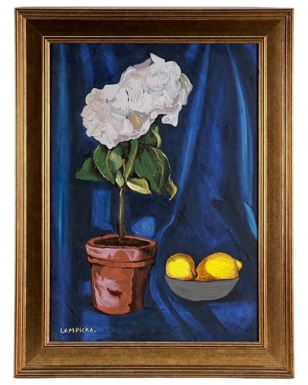 Still Life Painting in manner of Tamara Lempicka: This captivating oil painting on canvas, reminiscent of the manner of Tamara de Lempicka, showcases a stunning still life composition featuring a white flower in a pot and a bowl of lemons. Set agains