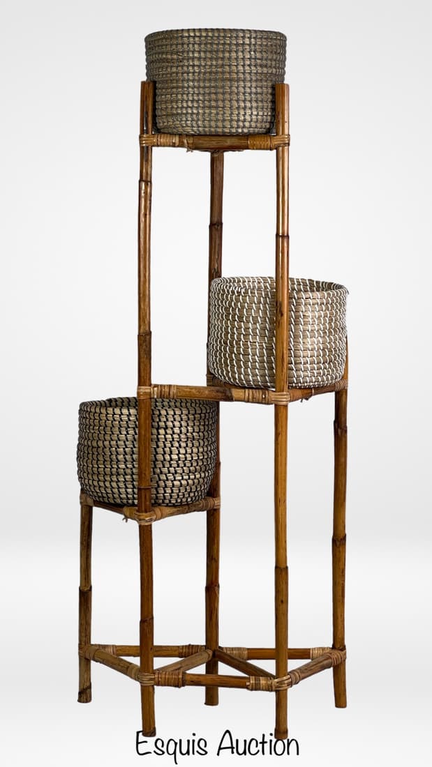 Vintage Bamboo Three-Tier Plant Stand Hand Woven (1 of 3)