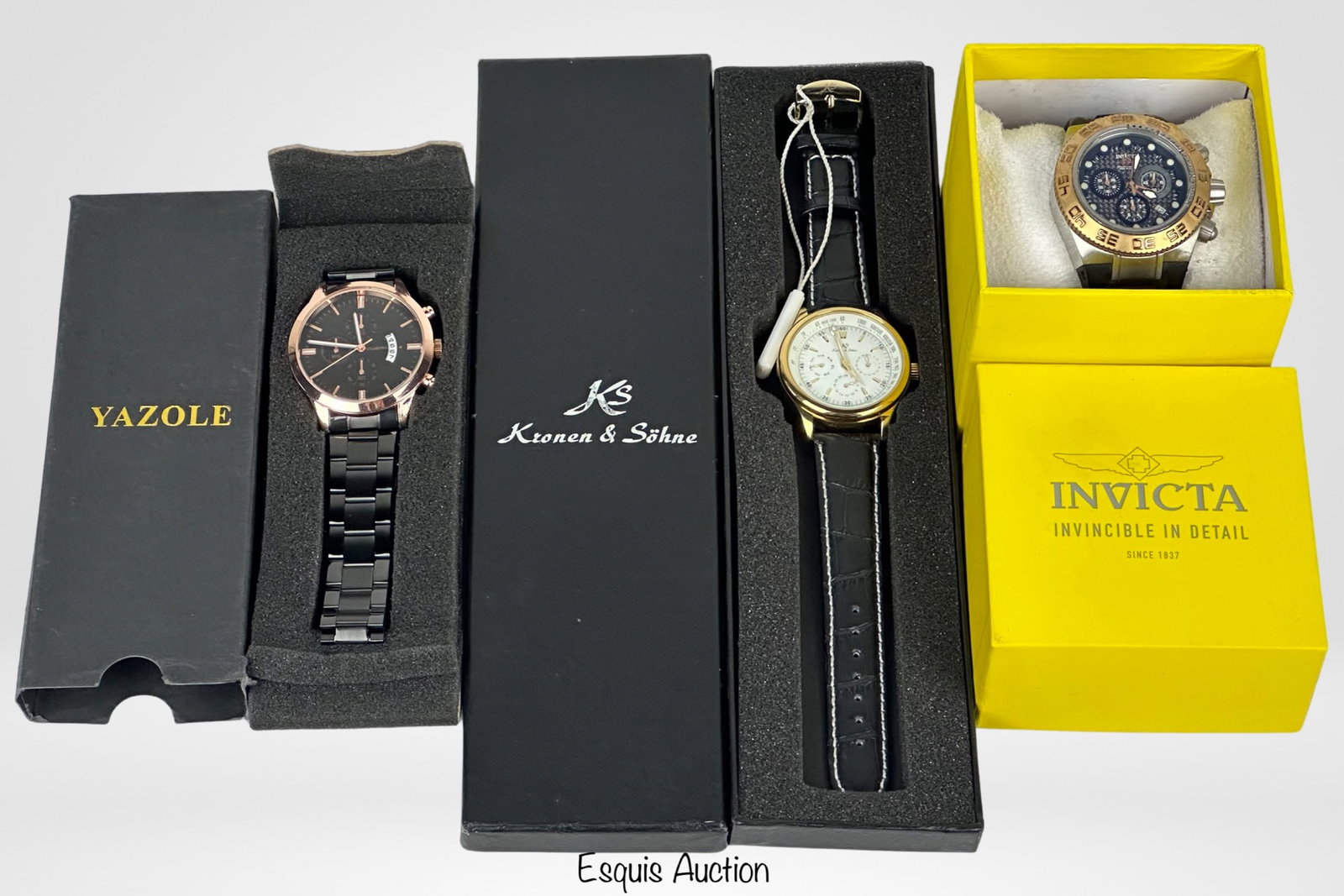 Men's Wrist Watches- Invicta, Kronen & Sohne, Yazo: Men's Wrist Watches- Invicta, Kronen & Sohne, Yazole. All in original boxes.