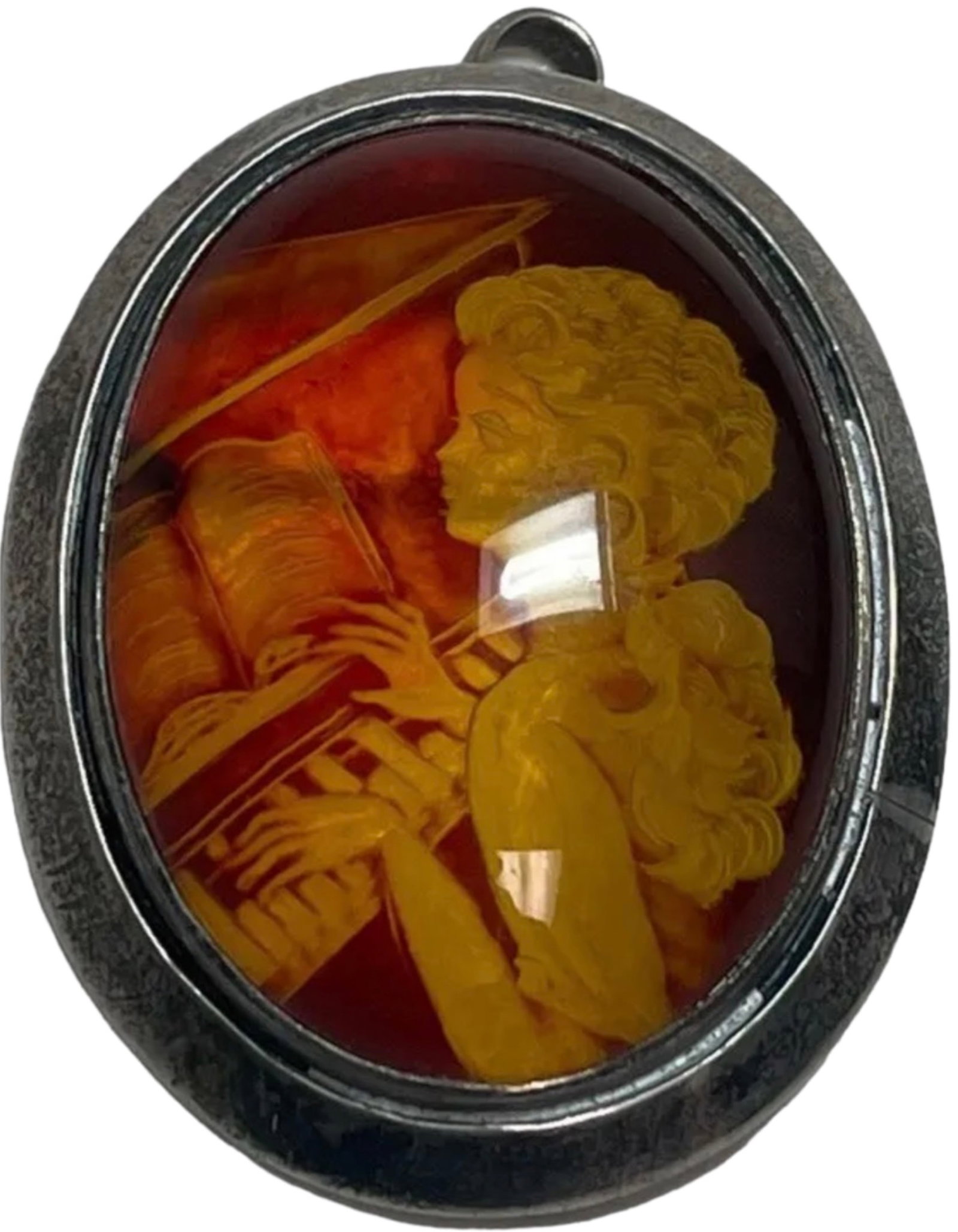 Amber Reverse Intaglio Sterling Silver Brooch: Vintage Amber Reverse Intaglio Sterling Silver Brooch Pendant Girl Playing Piano.Size 2x1.5 Inches.Good Condition