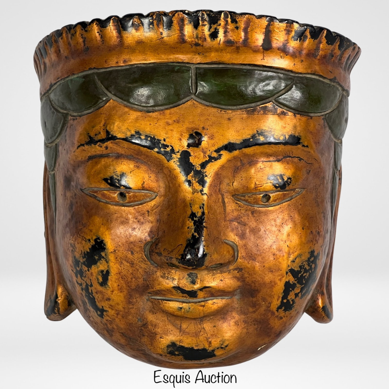 Antique Wooden Bodhisattva Head Buddhist Mask: Immerse yourself in the profound spiritual essence of the Mask of Bodhisattva's Head, meticulously crafted for the revered Gyodo ceremony. This remarkable piece, intricately carved from gilt wood, sta