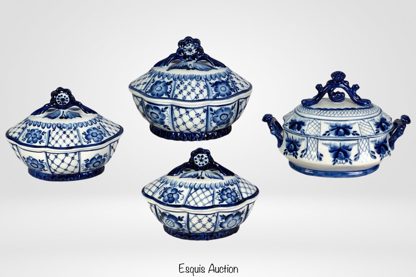 Gzhel Russian Traditional Lidded Candy Bowls: Enhance your tabletop with this charming quartet of Gzhel Russian Traditional underglaze hand-painted porcelain sugar/candy bowls, each adorned with a lid. These exquisite pieces encapsulate the endur