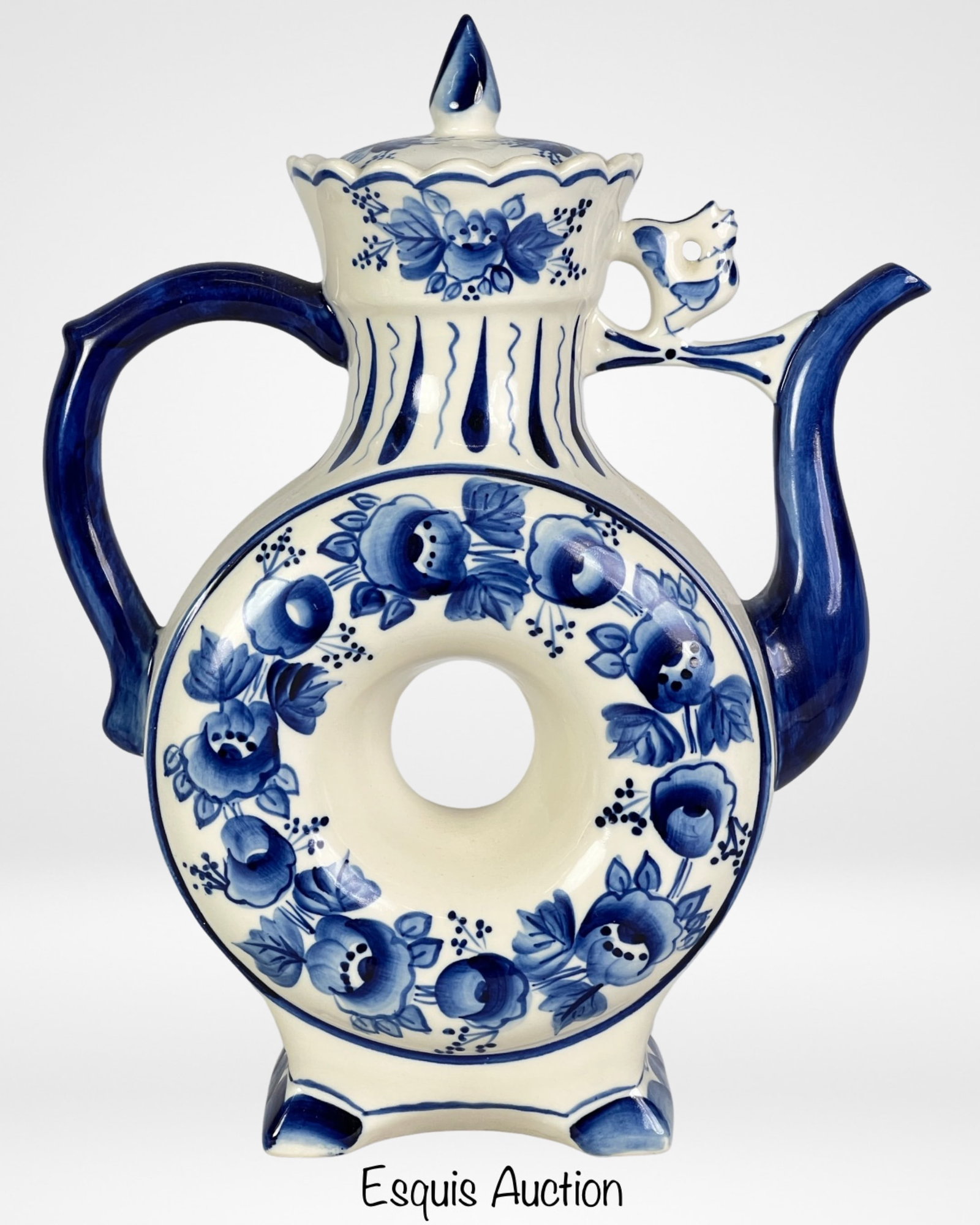 Gzhel Russian Hand Painted Porcelain Kvass Ewer: Introducing a remarkable piece of Gzhel Russian Traditional Hand Painted Porcelain: the Flat Kvass Ewer. Standing at an impressive height of 14", this exquisite ewer captures the essence of Gzhel's ri