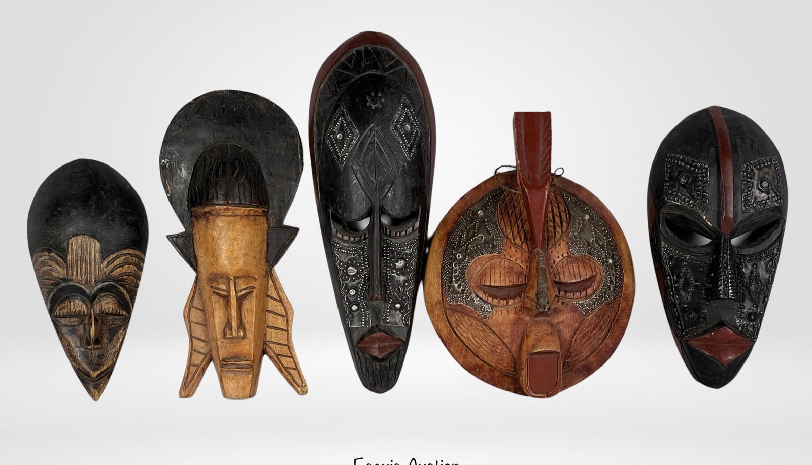 Lot of 5 African Ghanian Wood Carved Tribal Masks (1 of 5)