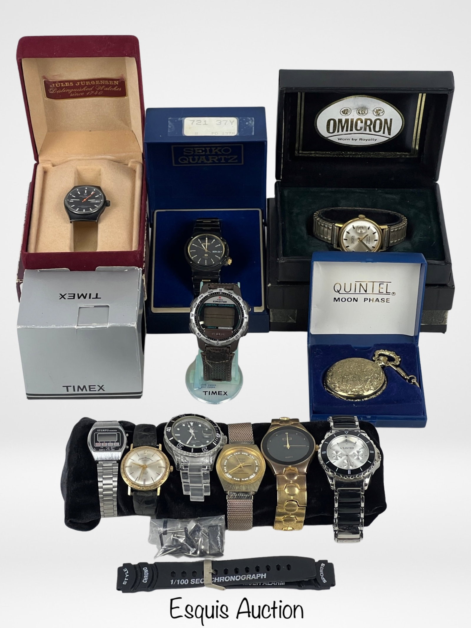 Assortment of Vintage Men's Wrist Wathces & Pocket: Group of Vintage Men's Wrist Wathces including some in original boxes like 29 Jewels Omicron, Jules Jurgensen and Seiko. Appear to be in good overall condition, untested, some might be as found