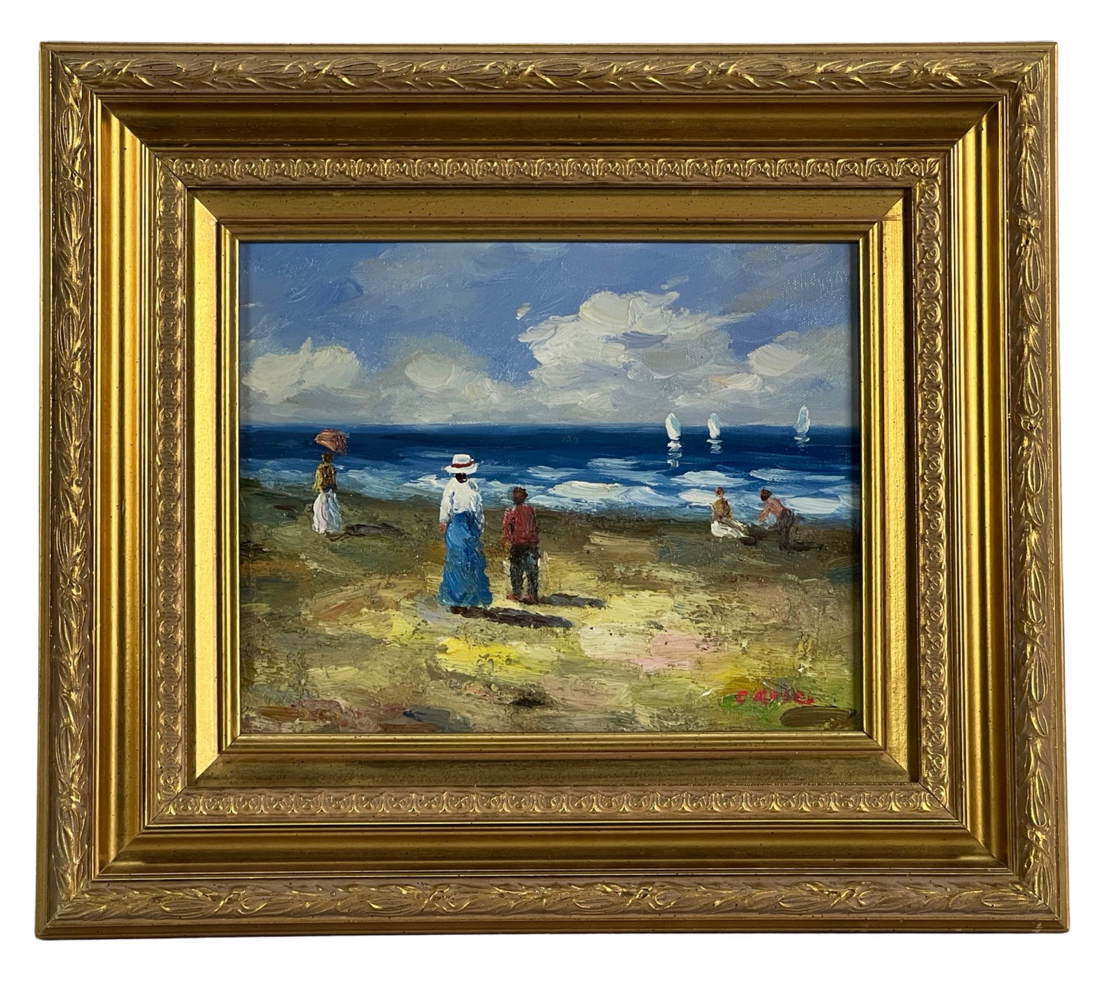 Impressionist Seashore Oil Painting by C. Rose: Step into the serene world of C. Rose's Impressionist artistry with this captivating oil painting on board. The scene depicts people savoring a sun-kissed summer day on the tranquil shore of the sea. 