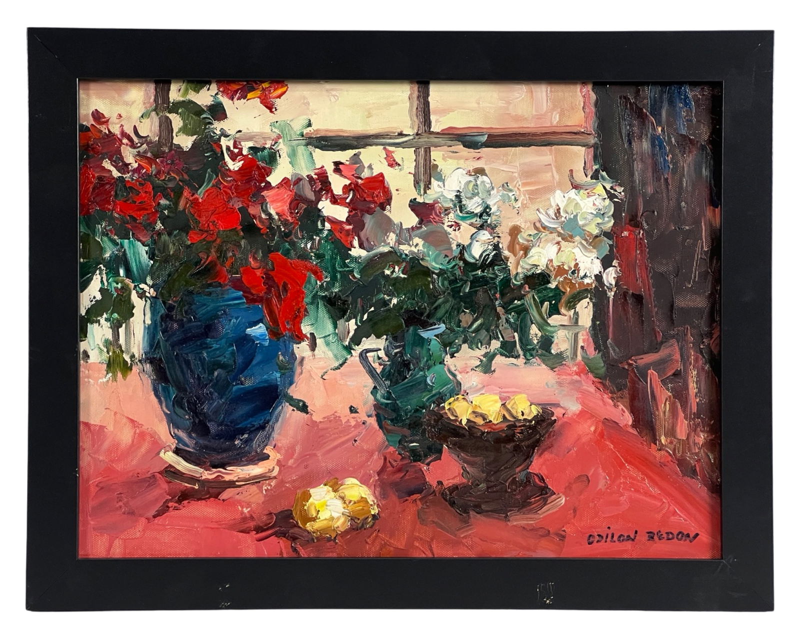 Still Life Oil Painting in style of Odilon Redon: Immerse yourself in the enchanting world of Still Life with Flowers, an oil painting on canvas that beautifully captures the essence of Odilon Redon's distinctive style. The artwork, measuring 18" x 1