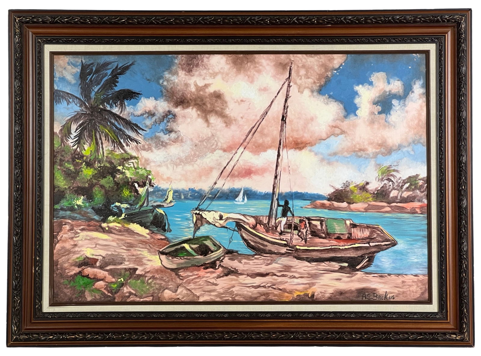 A.E. Backus- Highwayman (in manner) Oil Painting: Experience the tranquility of a Florida coastal scene through this mesmerizing oil painting on canvas, reminiscent of the renowned artist Albert Ernest (Beanie) Backus. The artwork, measuring 44"x 32"