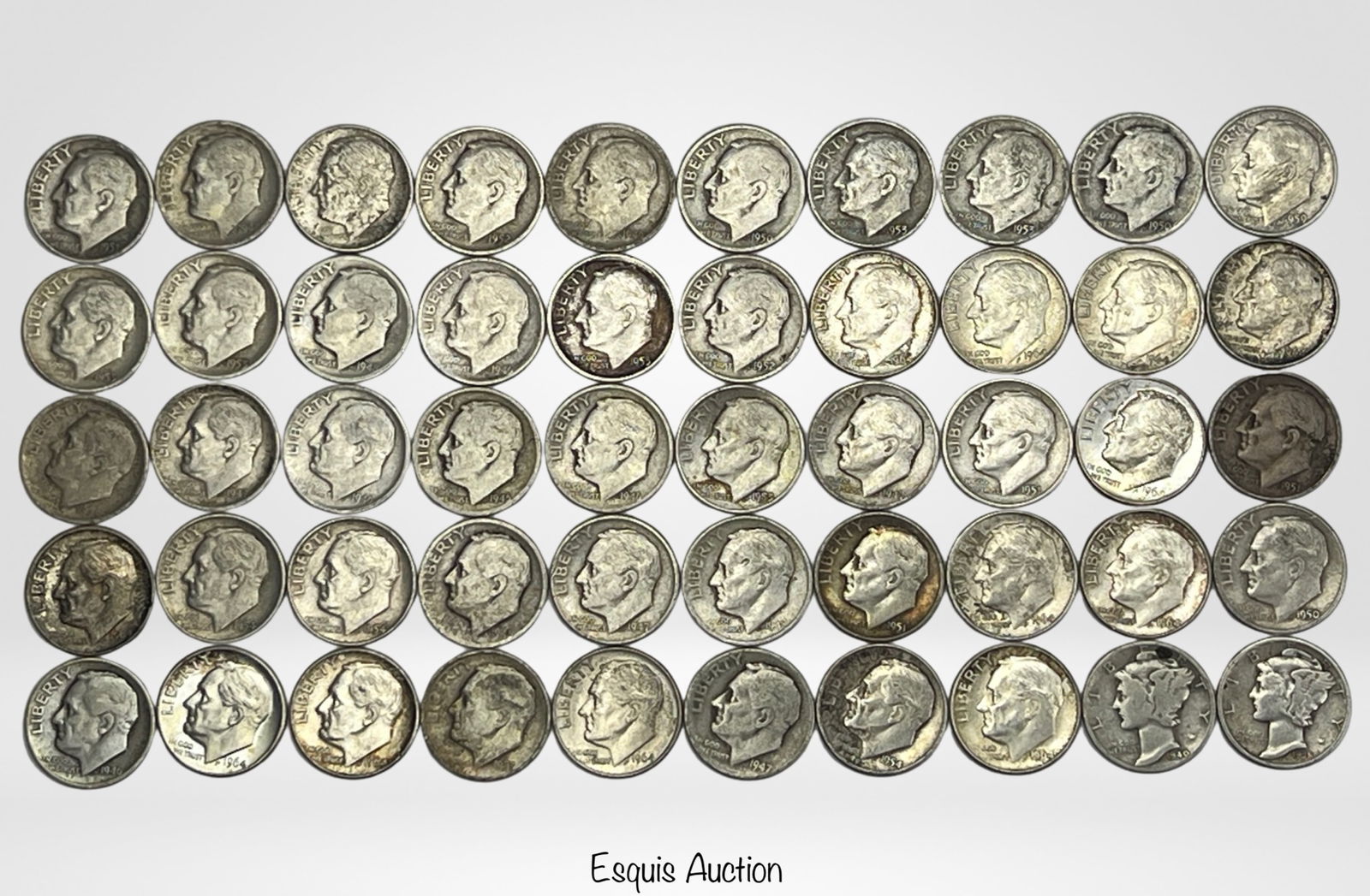 Fifty Roosevelt & Mercury Silver Dime Coins (1 of 3)