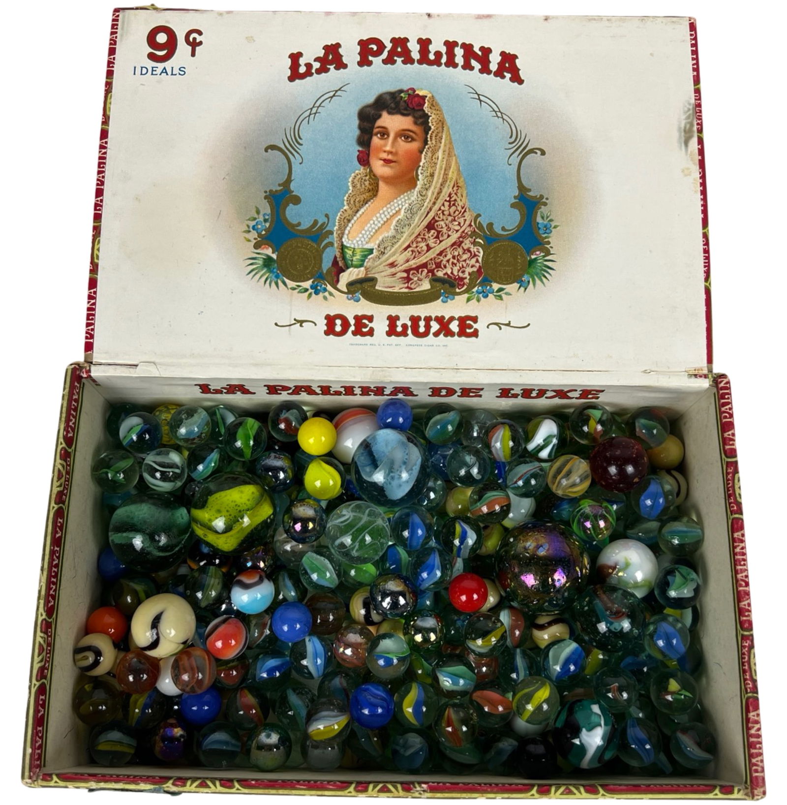 Cigar Box filled with Vintage Unsearched Marbles: Cigar Box filled with Vintage Colorful Marbles
