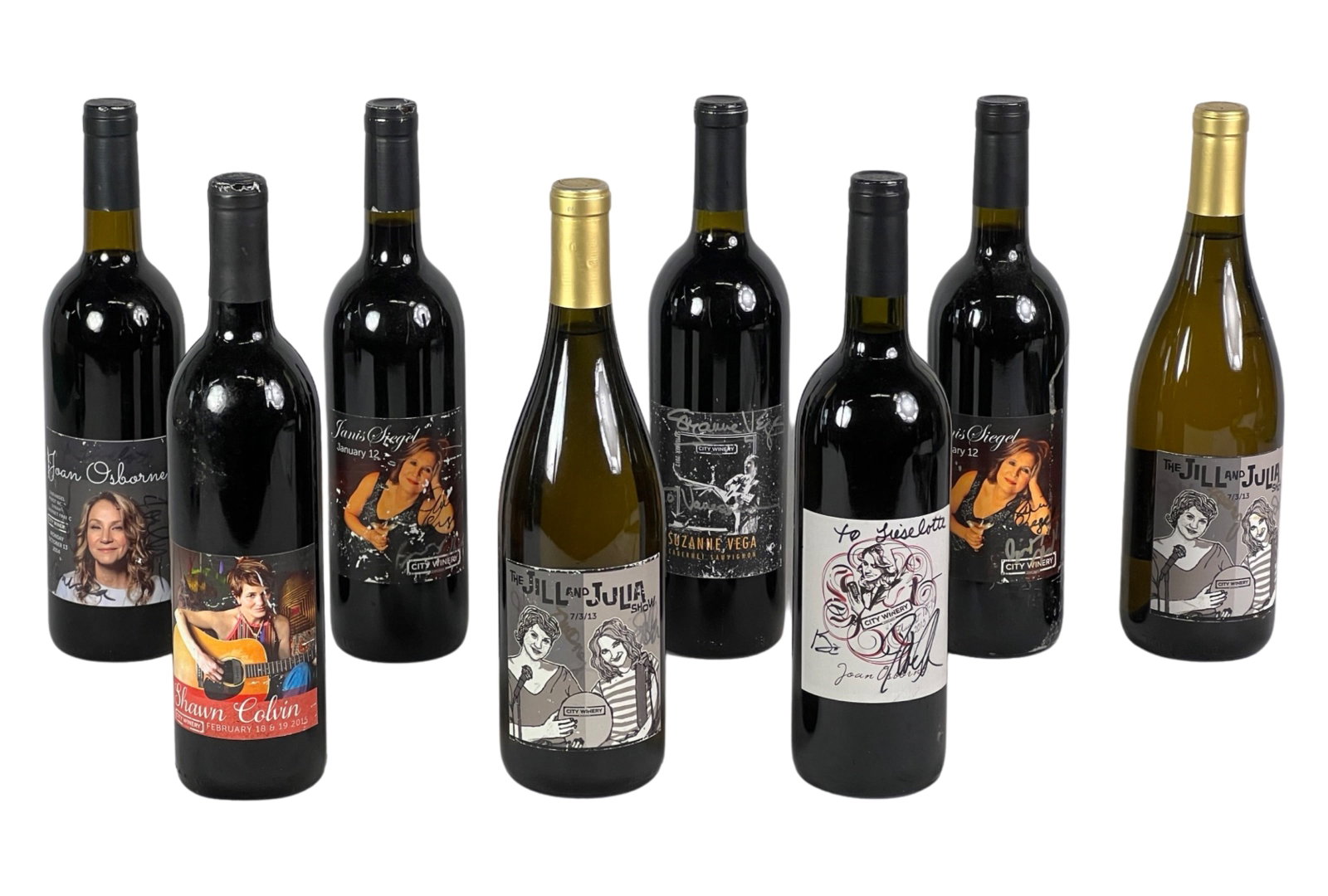 Collection of Artist Signed Sealed Wine Bottles: Group of 8 Sealed Wine Bottles. Mostly signed by various artists and labeled for special events.
