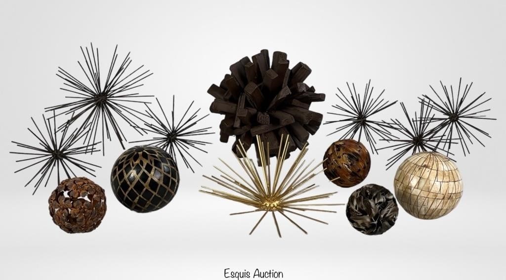 Home Decor Lot- Carpet Balls, Spike Balls, Rustic: Elevate your home decor with this captivating assortment of unique pieces. From Carpet Balls to Spike Balls, a Rustic Wooden Sculpture, and Feather Balls, this collection brings together various textu