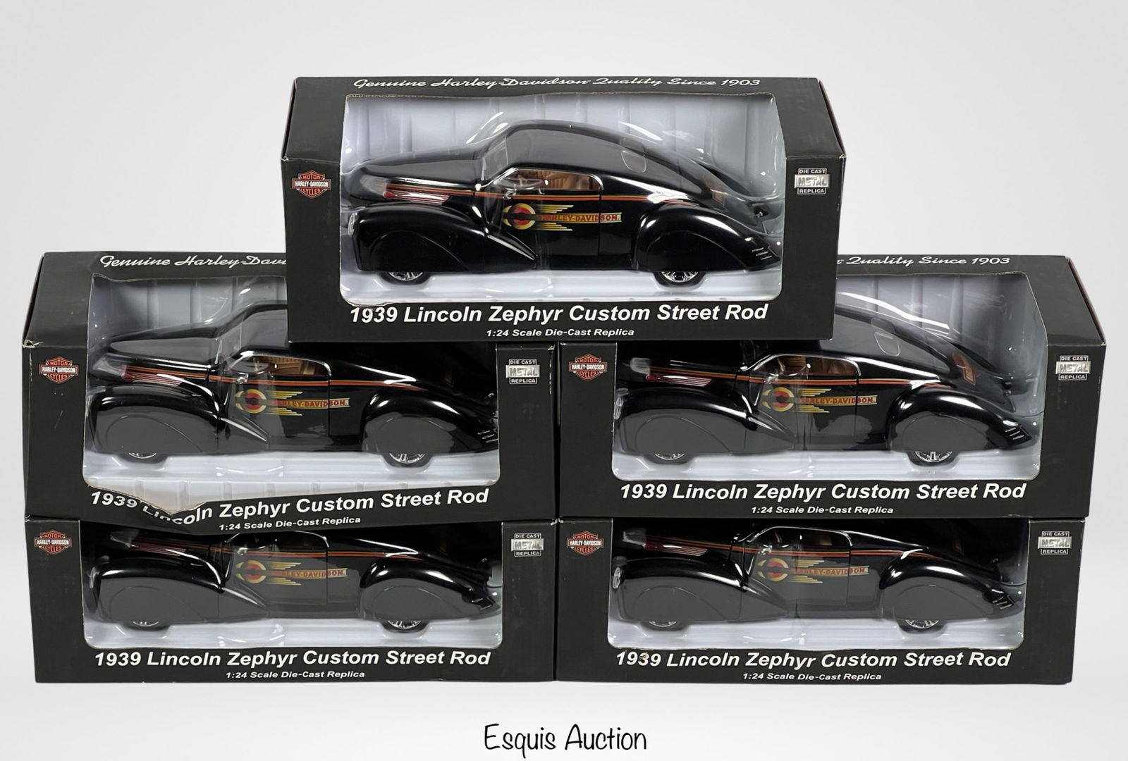 Harley-Davidson 1939 Lincoln Zephyr Die-Cast Cars: Discover the allure of classic automotive artistry with this lot of 5 brand-new Harley-Davidson 1939 Lincoln Zephyr Custom Street Rod 1:24 Scale Die-Cast Replicas. These meticulously crafted miniature