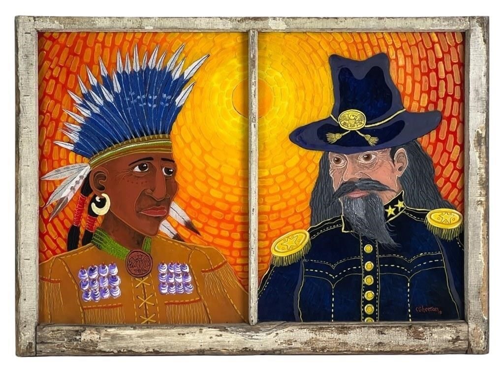 Rob O'Sheeran Glass Painting- General Custer & Chi: Step into a captivating narrative with Rob O'Sheeran's masterful reverse glass painting titled "Under the Sun." This artwork showcases the intricate craftsmanship of a talented artist who utilized an 