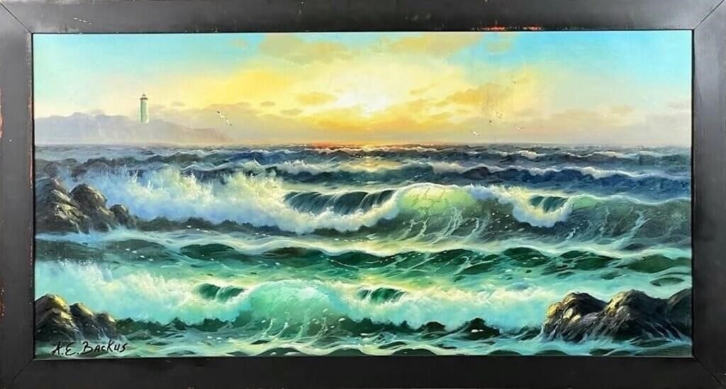 A.E. Backus (Highwayman) Seascape in style of: This captivating oil on canvas painting, executed in the style reminiscent of Albert Ernest (Beanie) Backus, presents a dramatic scene of a stormy ocean during sunrise, with a lighthouse standing bold