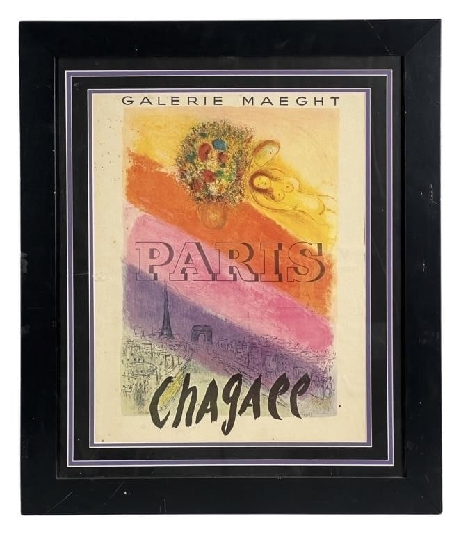 Marc Chagall- Galerie Maeght Paris 1954 Lithograph: Immerse yourself in the artistic world of Marc Chagall with this captivating framed lithograph titled 'Paris Galerie Maeght Paris 1954.' Created by Artemis Editions School of Paris, the artwork measur