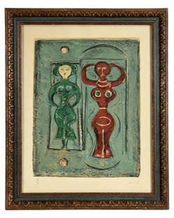 Massimo Campigli- Signed LE Modernist Lithograph: Delve into the captivating world of modernist art with this extraordinary "Two Figures" hand-signed limited edition lithograph by the acclaimed artist Massimo Campigli. Exemplifying the essence of mod