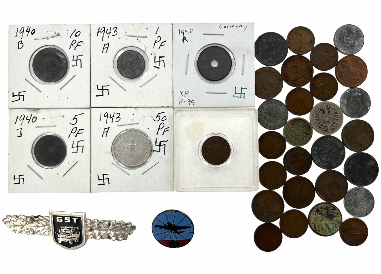 Lot of German WWII Third Reich Coins & Pins: Group of German mostly Third Reich Coins with some earlier German Coins. Come with Reichsluftschutz (RLB) Aircraft Warning Service Badge and post war East German GST Motoristsâ€™ Qualification Ba