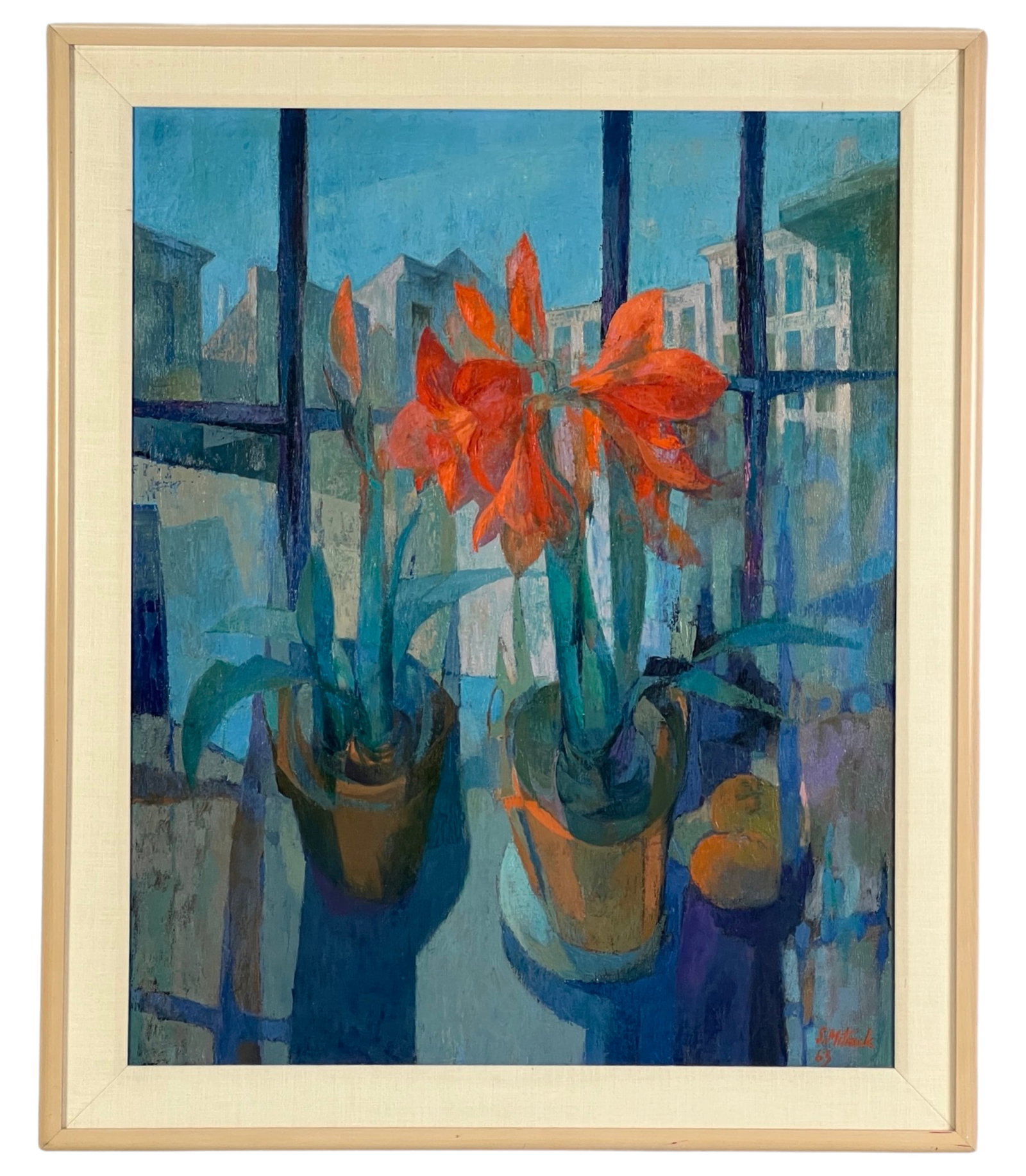 Stanley Mitruk - MCM Still Life Oil Painting 1963: Stanley Mitruk's mid-century modern masterpiece captures the essence of an era through a mesmerizing still life. Painted in 1963, this oil on canvas artwork showcases Mitruk's exceptional talent for c